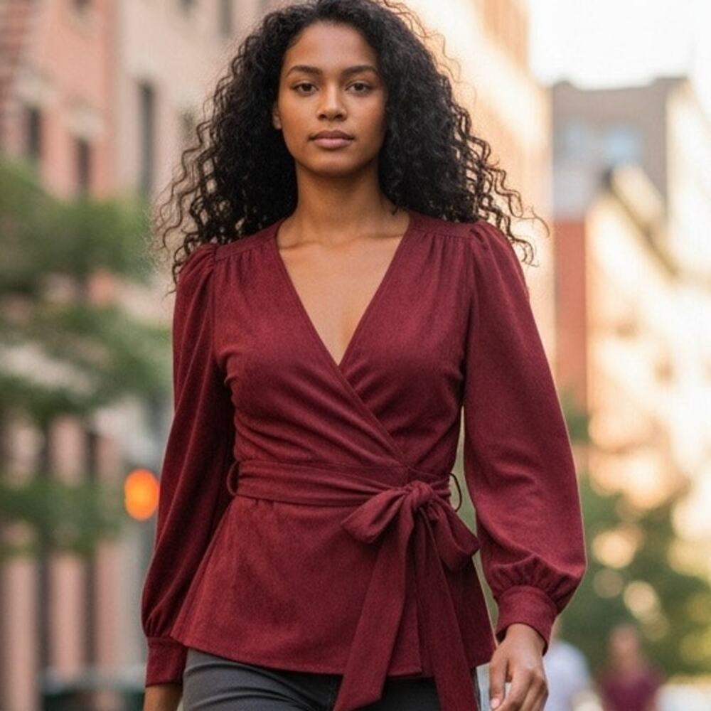 Favlux deep crimson "microsuede" belted blouse